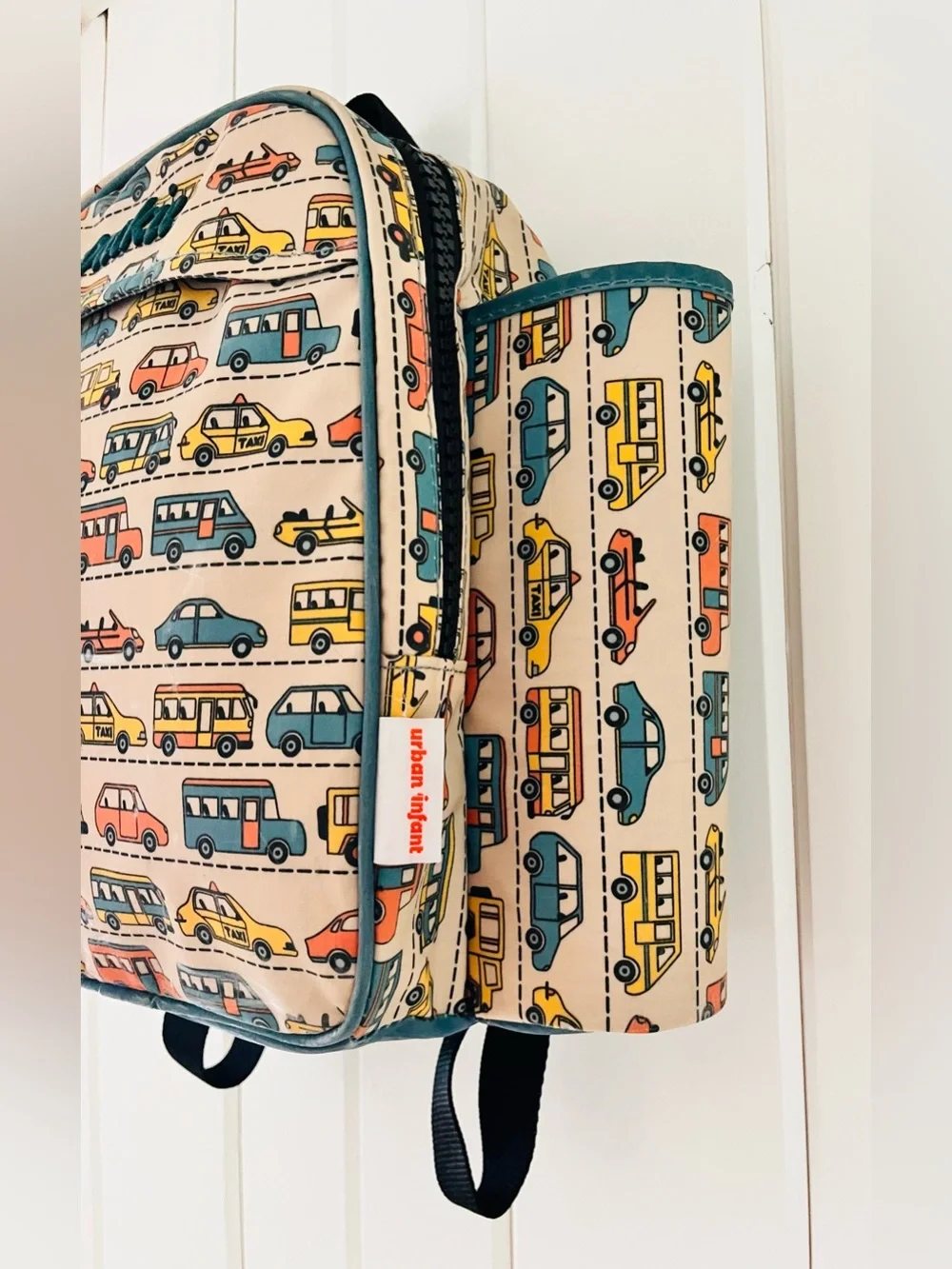 Urban Packie Beige Kids Backpack with Teal, Yellow & Coral Car Print